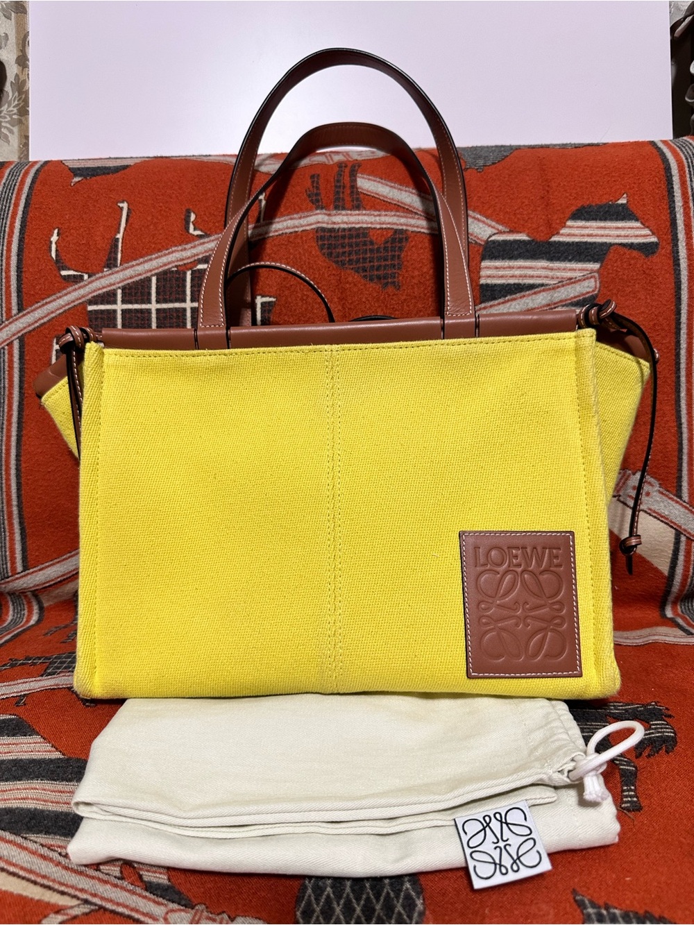 Loewe ❤️🌟Yellow Canvas Small Tote with Brown Leather Trim ⭐️